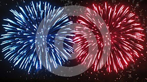 Vibrant blue and red fireworks exploding in night sky