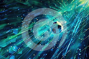 Vibrant Blue Soccer Ball with Speed Lines and Light Flares on Abstract Background