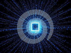 Digital data core processing stream with vibrant blue particle flow