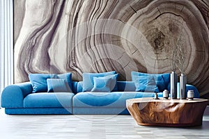 Vibrant blue velvet sofa and tree stump coffee table against wall decorated with tree cross-section. Minimalist home interior