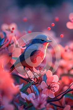 Vibrant Bluebird Perched Amongst Pink Blossoms in Magical Evening Light Nature\'s Beauty Captured