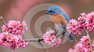 Vibrant bluebird perched on a blooming Eastern Redbud tree branch in horizontal orientation