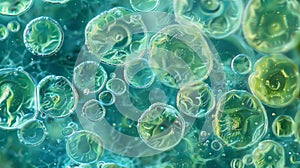 A vibrant bluegreen algae known as a spirulina clumped together in a colony under the microscope. The individual cells photo