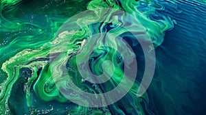 A vibrant bluegreen algal bloom forming distinct patterns and swirls as it consumes nutrients and spreads rapidly in a