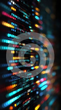 A vibrant blurred backdrop of colorful code lines and binary numbers on a computer screen, complemented by neon lights