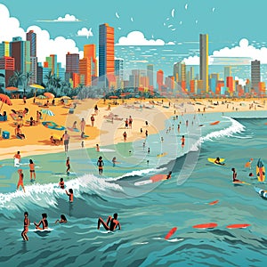 Vibrant Boa Viagem Beach, Recife: Sunbathers, Surfers & City Skyline Digital Illustration