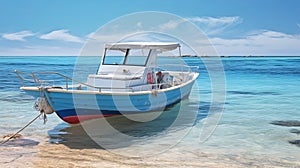 Afro-caribbean Inspired Blue And White Dinghy Patrol Boat In Formentera photo