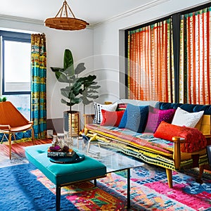 A vibrant, bohemian living room with a mix of colorful patterns, textures, and eclectic decor from around the world3, Generative