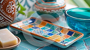 A vibrant bohemianinspired soap dish with a mosaicstyle pattern in shades of orange and turquoise.