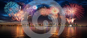 Vibrant bokeh backdrop merging blurred effect, dazzling fireworks, and lively crowd scenes photo