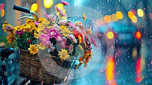 Vibrant Bouquet in a Bike Basket on Rainy City Street. Urban Life, Seasonal Flowers, and Freshness. Atmospheric and photo