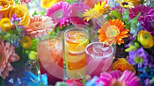 A vibrant bouquet of flowers on a table surrounded by glasses filled with colorful mocktails