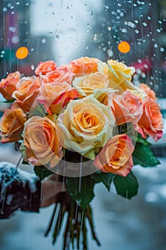 Vibrant Bouquet of Fresh Yellow and Orange Roses Against a Rainy Window Background with Bokeh Lights