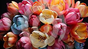 A lush bouquet of multicolored tulips, including shades of red, yellow, pink, and purple