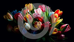 A vibrant bouquet of pink and purple tulips generated by AI