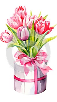 A vibrant bouquet of tulips in a gift box adorned with a ribbon. Perfect for Woman's Day, Mother’s Day, birthday