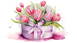 A vibrant bouquet of tulips in a gift box adorned with a ribbon. Perfect for Woman's Day, Mother’s Day, birthday