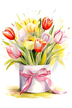 A vibrant bouquet of tulips in a gift box adorned with a ribbon. Perfect for Woman's Day, Mother’s Day, birthday