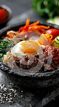 A vibrant bowl of Bibimbap, a Korean mixed rice dish, topped with colorful vegetables, beef, and a fried egg.