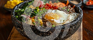 A vibrant bowl of Bibimbap, a Korean mixed rice dish, topped with colorful vegetables, beef, and a fried egg.