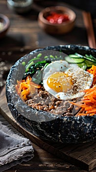 A vibrant bowl of Bibimbap, a Korean mixed rice dish, topped with colorful vegetables, beef, and a fried egg.
