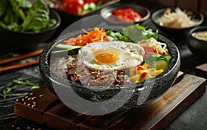 A vibrant bowl of Bibimbap, a Korean mixed rice dish, topped with colorful vegetables, beef, and a fried egg.