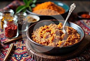 Delicious couscous served in a rustic bowl with spices in the background