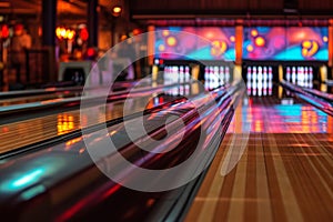 Vibrant Bowling Alley Lanes with Vivid Lights.