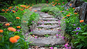 Vibrant Brick Pathway With Colorful Flowers and Greenery