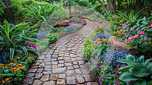 Vibrant Brick Pathway With Colorful Flowers and Greenery