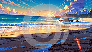 vibrant bright front of a beach anime ai generated