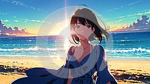 vibrant bright front of a beach anime ai generated