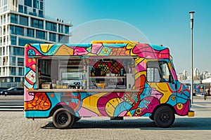 A vibrant, brightly colored food truck parked in a busy parking lot, ready to serve customers with delicious meals and snacks,
