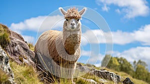 Vibrant Brown Llama On Grass-covered Hill: Captivating Nature Photography