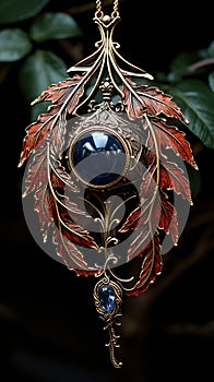 A Vibrant A Brown and Red Leaf With A Red Stone and Gold Ornament Pendent On Defocused Background
