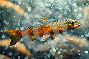 Vibrant Brown Trout Swimming Gracefully Underwater with Glistening Bubbles and Shimmering Light Spots