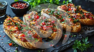 Vibrant bruschetta on artisan bread with fresh herbs.