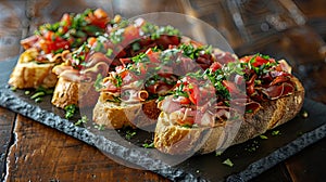 Vibrant bruschetta on artisan bread with fresh herbs.