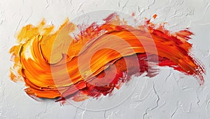 A vibrant brush stroke of red and orange paint on a white canvas