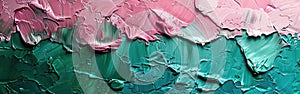 Vibrant Brushstrokes: Closeup of Colorful Abstract Painting with Green and Pink Palette Knife Texture on Canvas Background