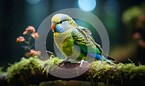 Vibrant budgerigar perched on a mossy branch in a magical forest ambiance with sparkling light
