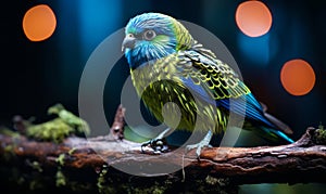 Vibrant budgerigar perched on a mossy branch in a magical forest ambiance with sparkling light
