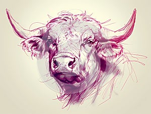 Vibrant Bull Head Sketch Line Art Illustration 3 4 Angle Animal Drawing Art Print