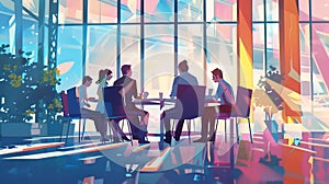Vibrant business meeting in modern office setting with city view. teamwork and collaboration conceptual illustration
