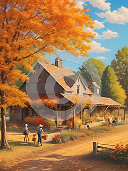 Vibrant and bustling oil painting landscape image of countryside generative Ai photo