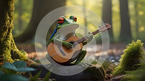 In a vibrant, bustling woodland, a cheeky frog musician entertains a lively audience of woodland critters photo