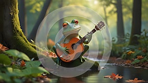 In a vibrant, bustling woodland, a cheeky frog musician entertains a lively audience of woodland critters photo