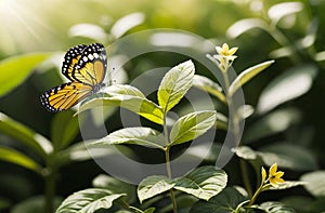 A vibrant butterfly rests on a green leaf in a sunny natural setting