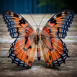 Vibrant Butterfly On Wooden Table: A Captivating Naturalistic Portrait