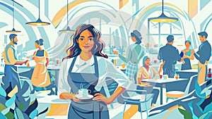 Vibrant Cafe Scene with Smiling Barista Serving Coffee photo